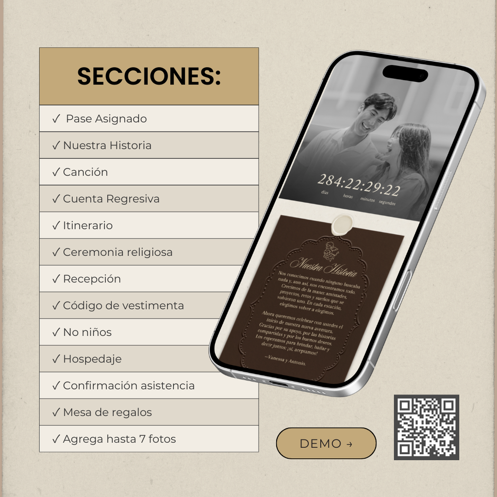 Invitación web boda - Plantilla editable en Canva - Atemporal