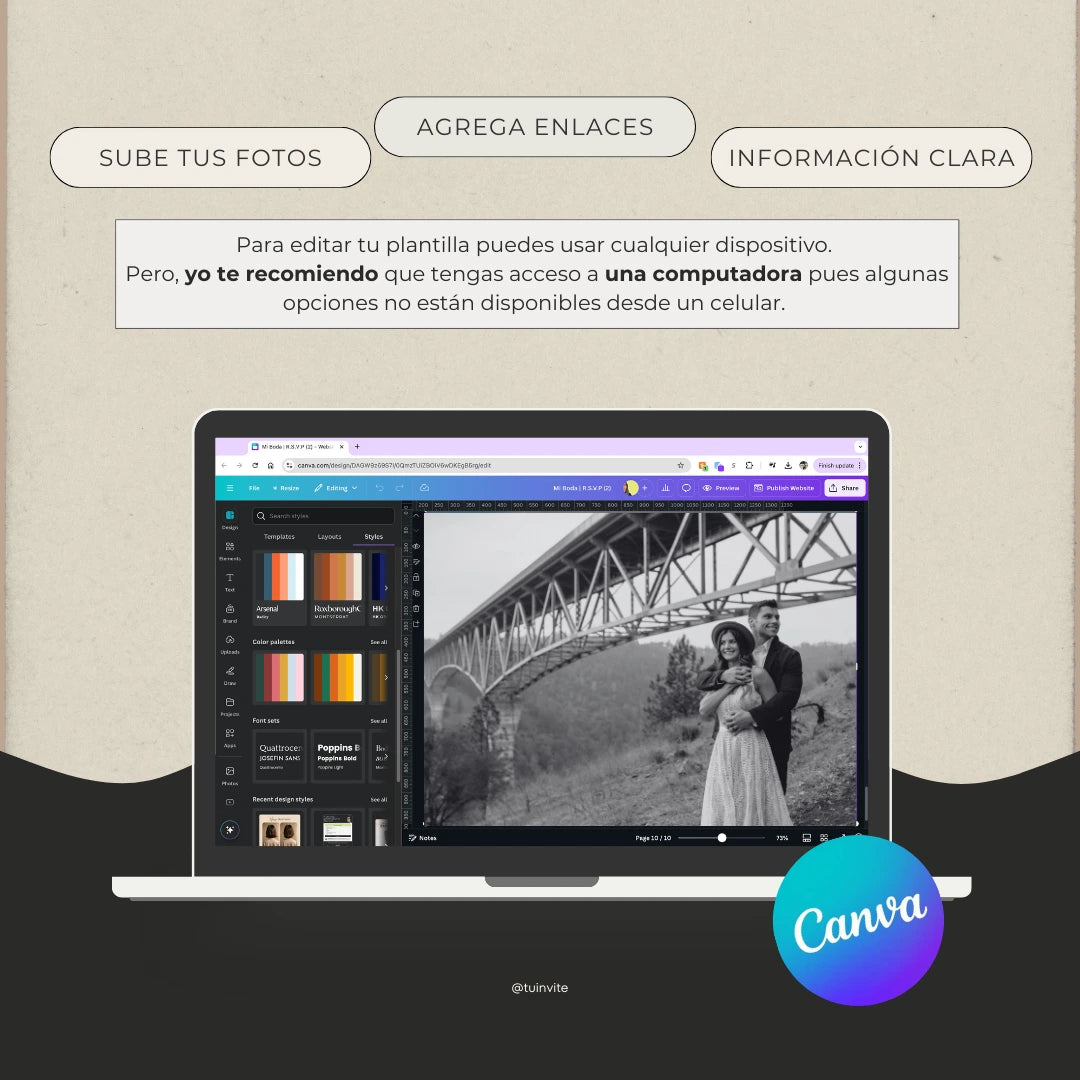 Invitación web boda - Plantilla editable en Canva - Atemporal