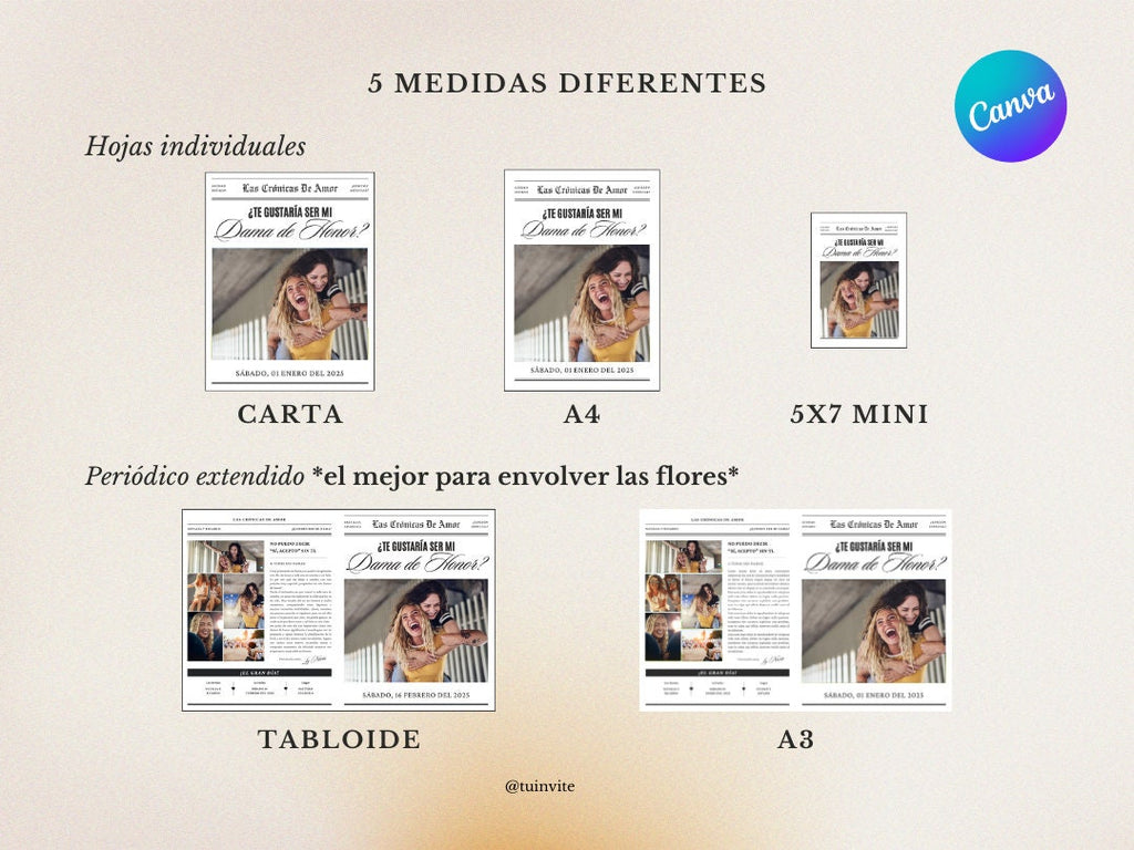 Propuesta Dama de Honor - Periódico para envoltura de ramo de flores - Plantilla Canva