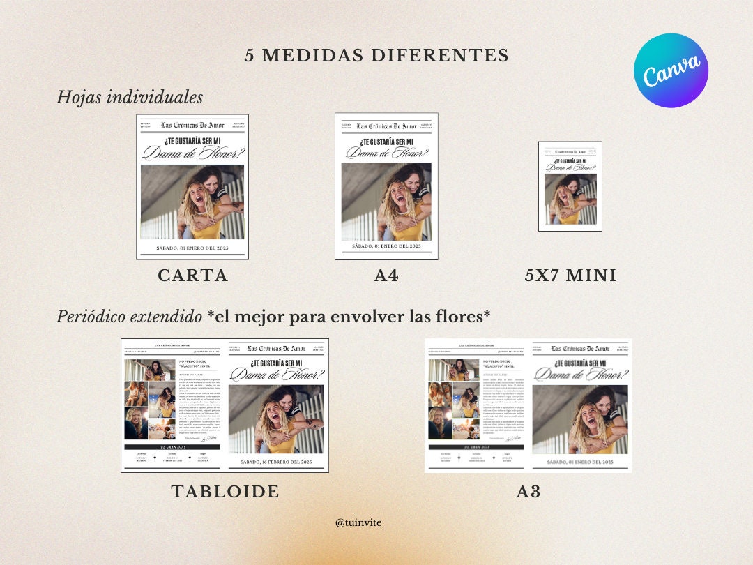 Propuesta Dama de Honor - Periódico para envoltura de ramo de flores - Plantilla Canva