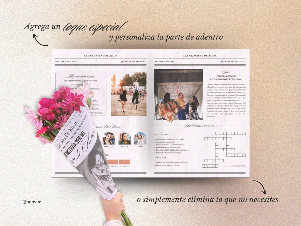 Propuesta Dama de Honor - Periódico para envoltura de ramo de flores - Plantilla Canva