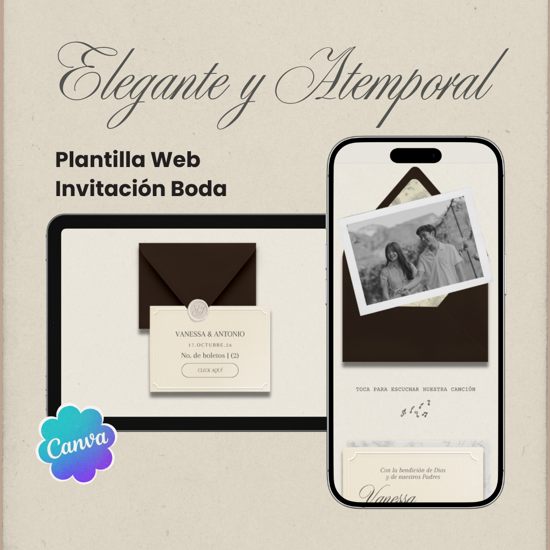 Invitación web boda - Plantilla editable en Canva - Atemporal