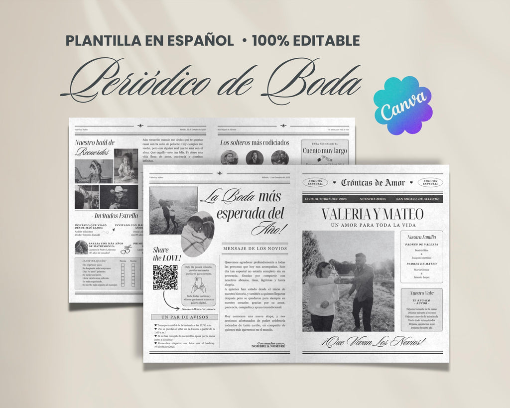 Periódico de boda 2025 -Plantilla editable en Canva