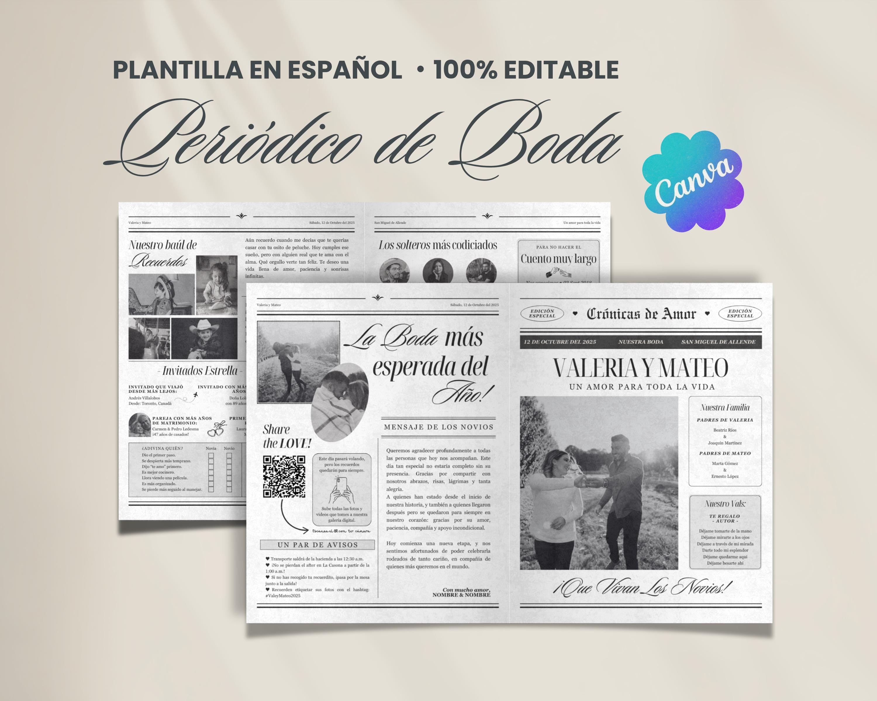 Periódico de boda 2025 -Plantilla editable en Canva