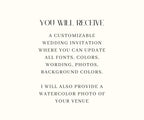 Custom Watercolor Venue Wedding Invitation Template (Canva)