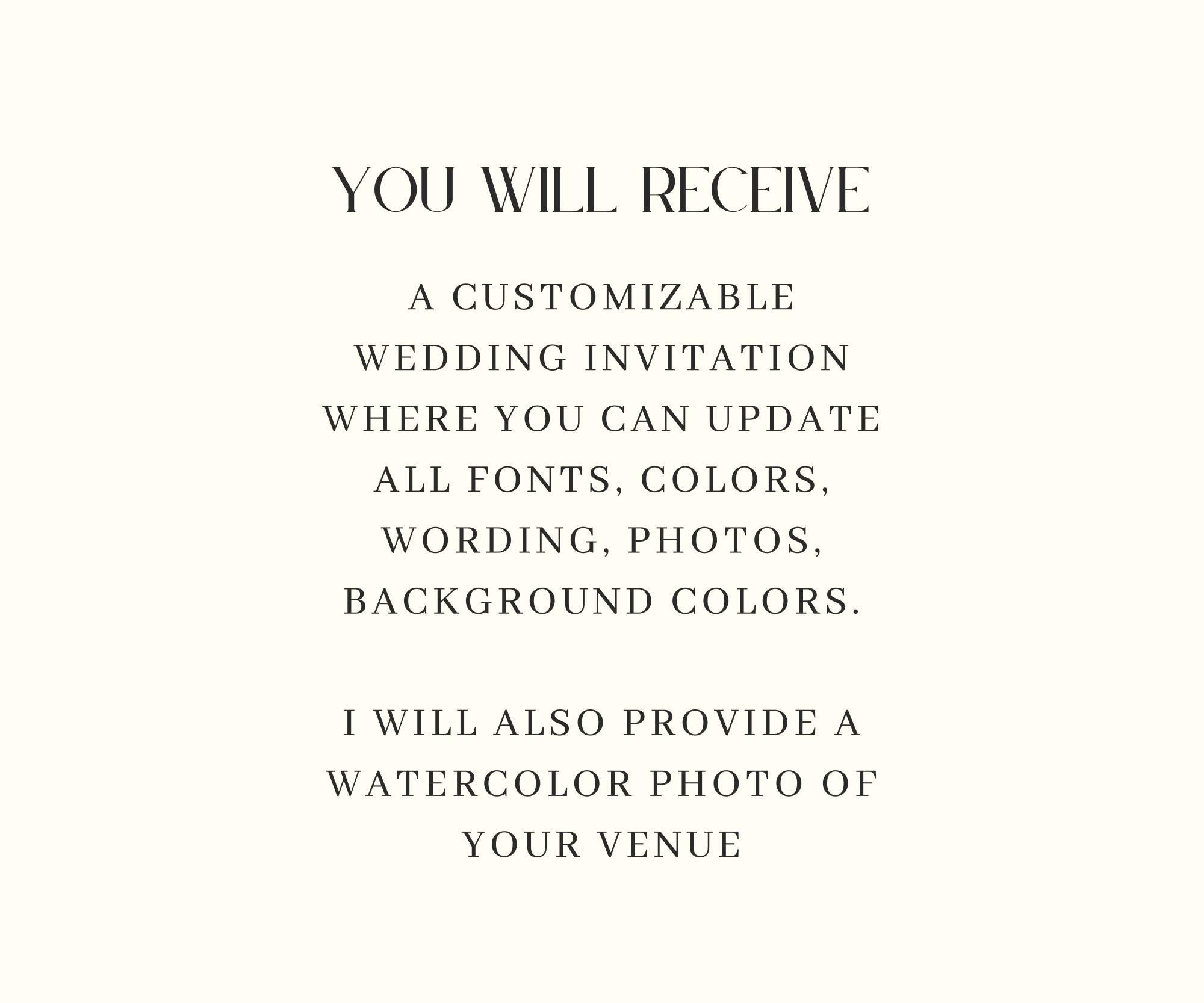 Custom Watercolor Venue Wedding Invitation Template (Canva)