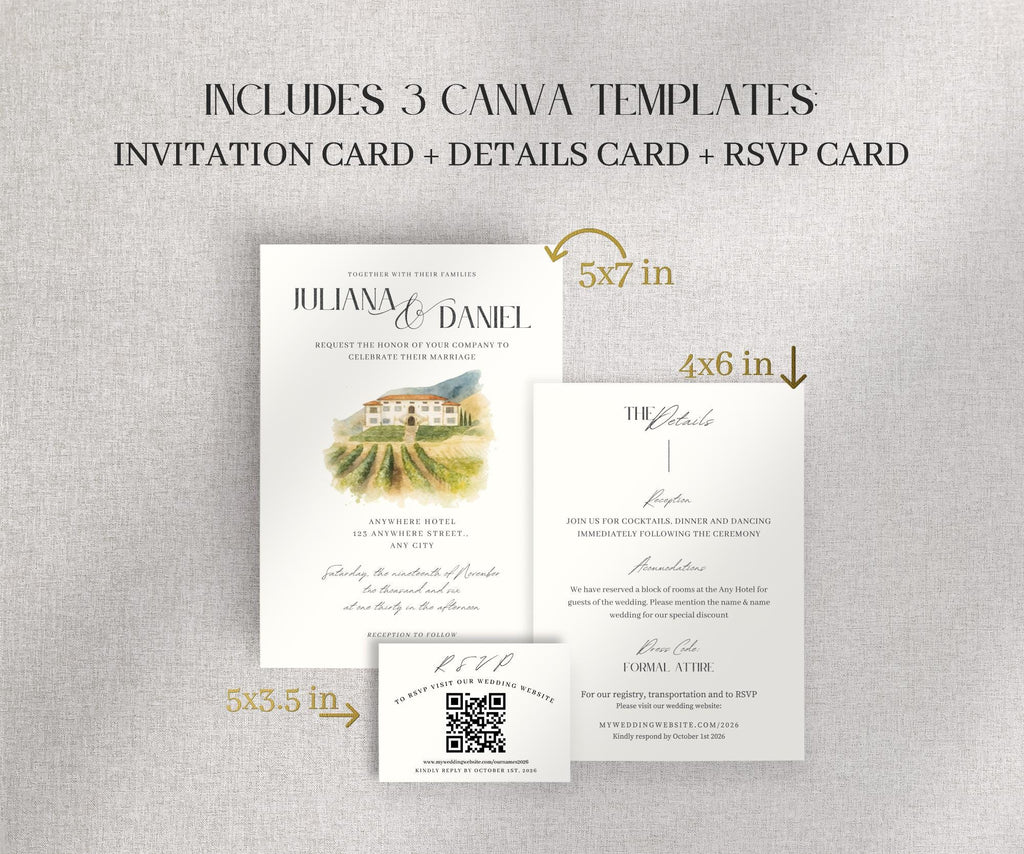 Custom Watercolor Venue Wedding Invitation Template (Canva)