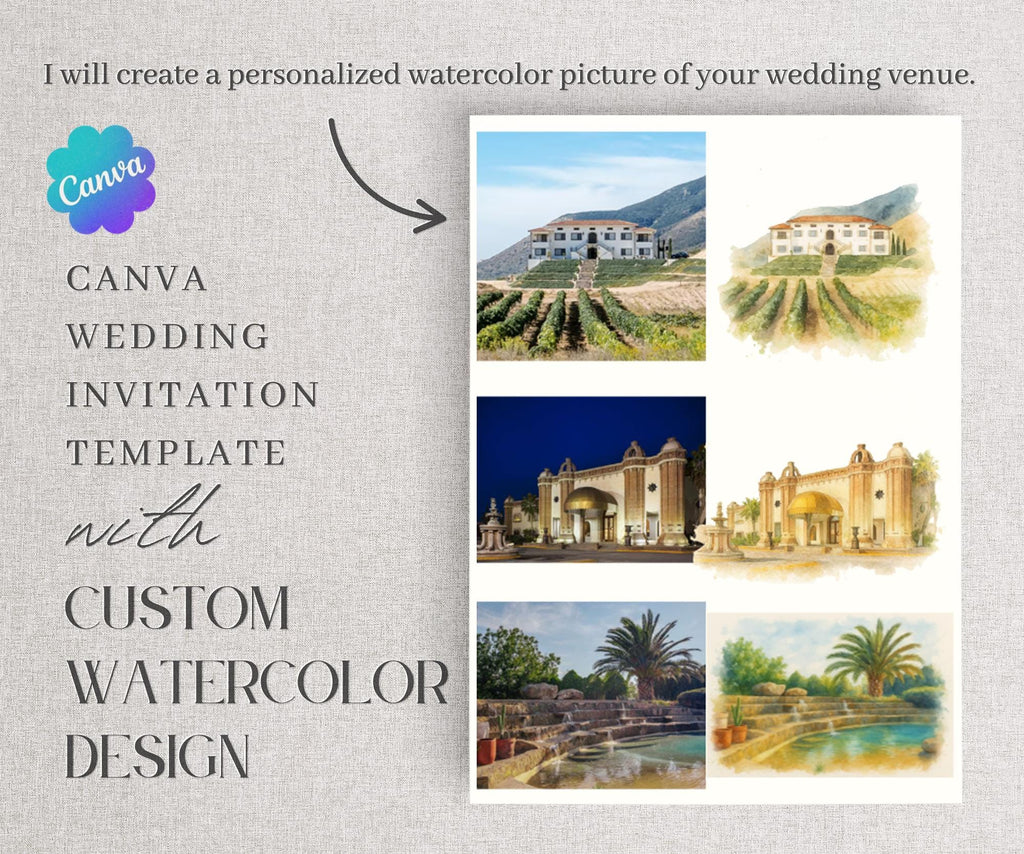 Custom Watercolor Venue Wedding Invitation Template (Canva)