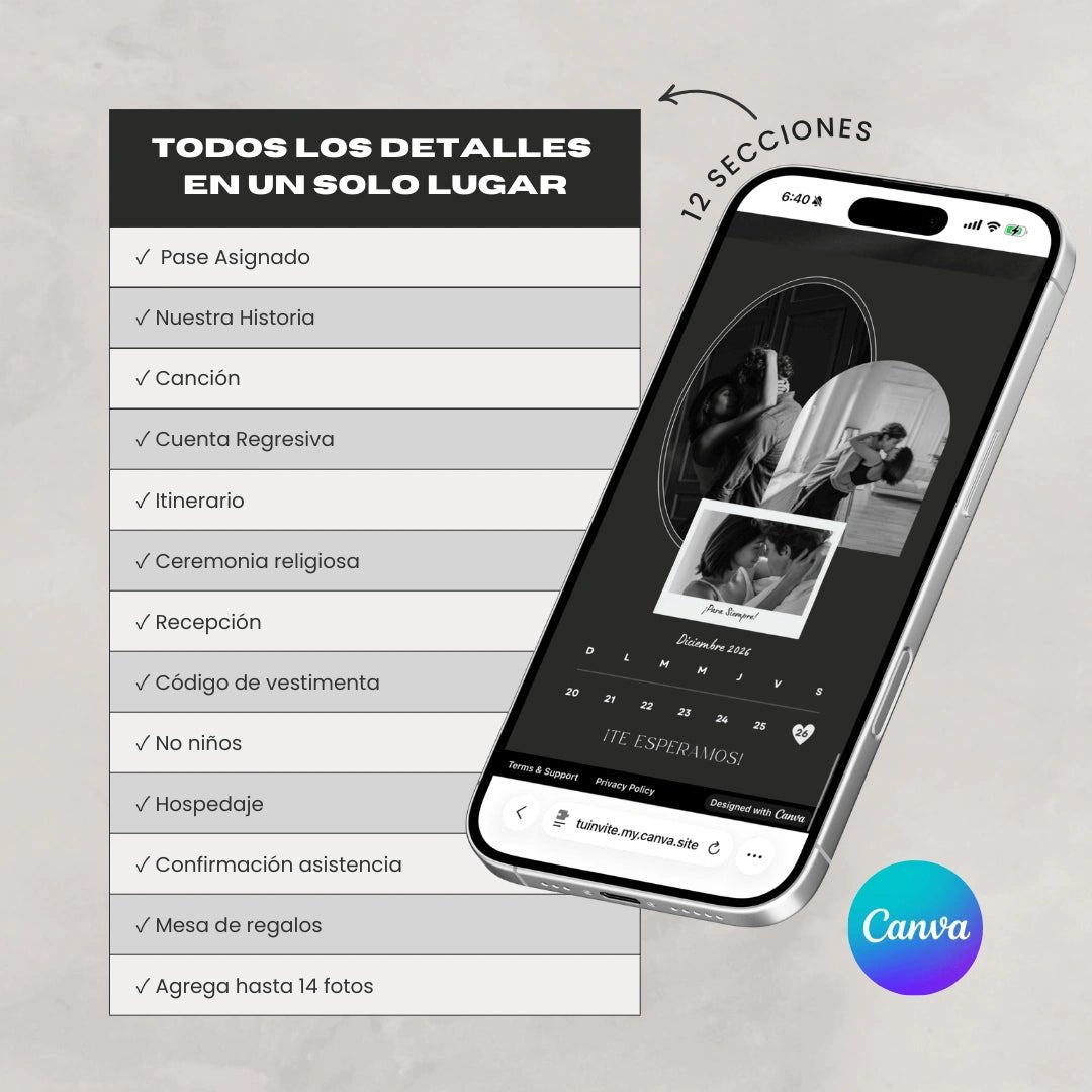 Invitación web boda - Plantilla editable en Canva - Monocromática - Tu Invite