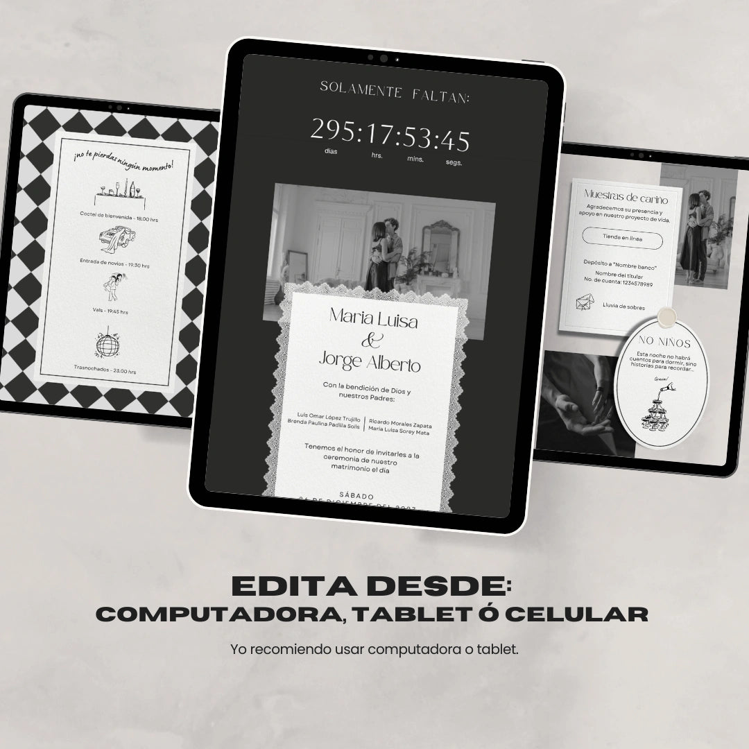 Invitación web boda - Plantilla editable en Canva - Monocromática - Tu Invite