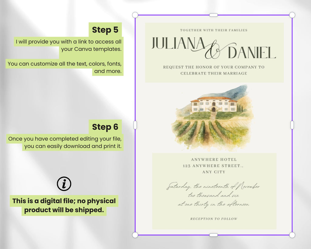 Custom Watercolor Venue Wedding Invitation Template (Canva)