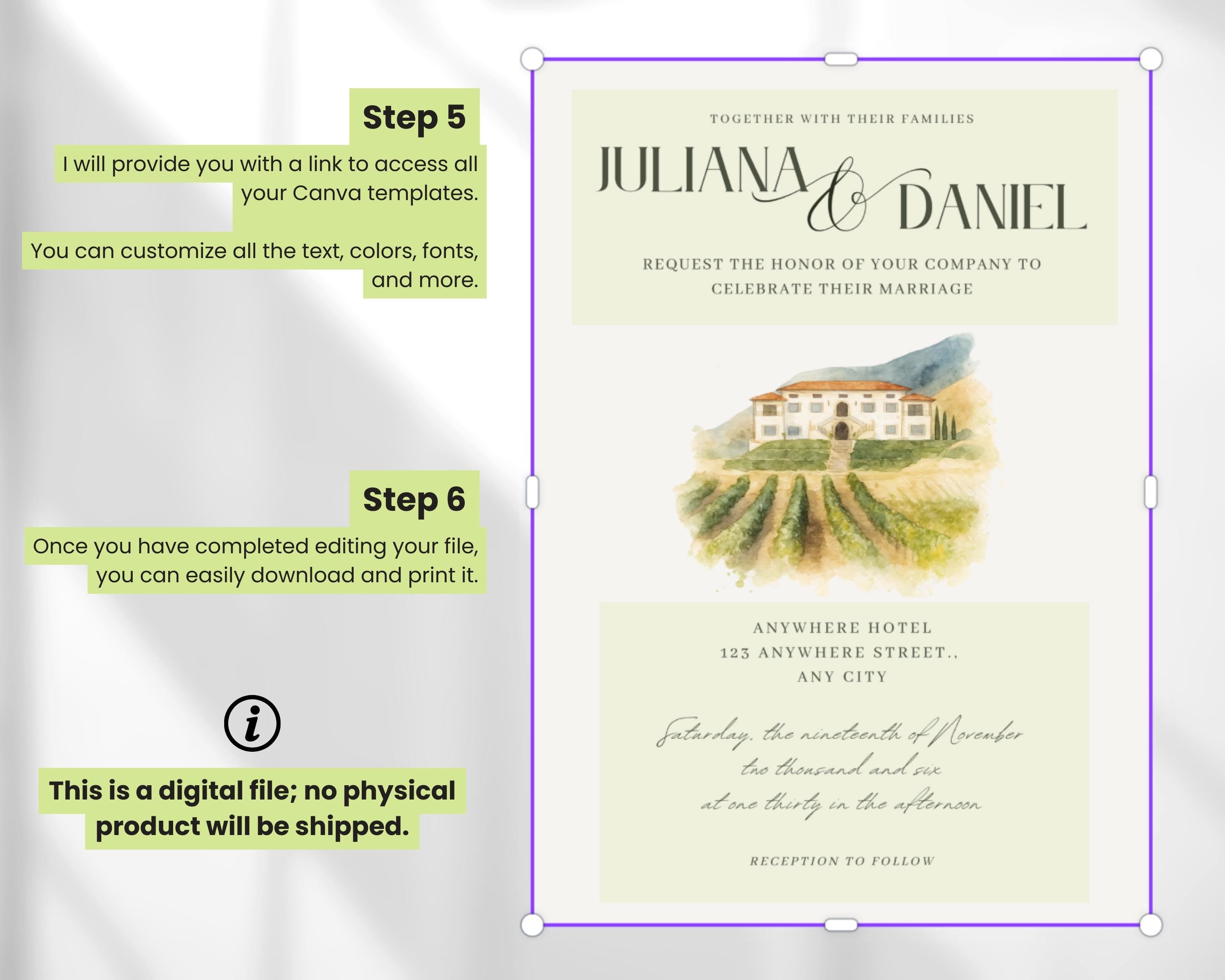 Custom Watercolor Venue Wedding Invitation Template (Canva)