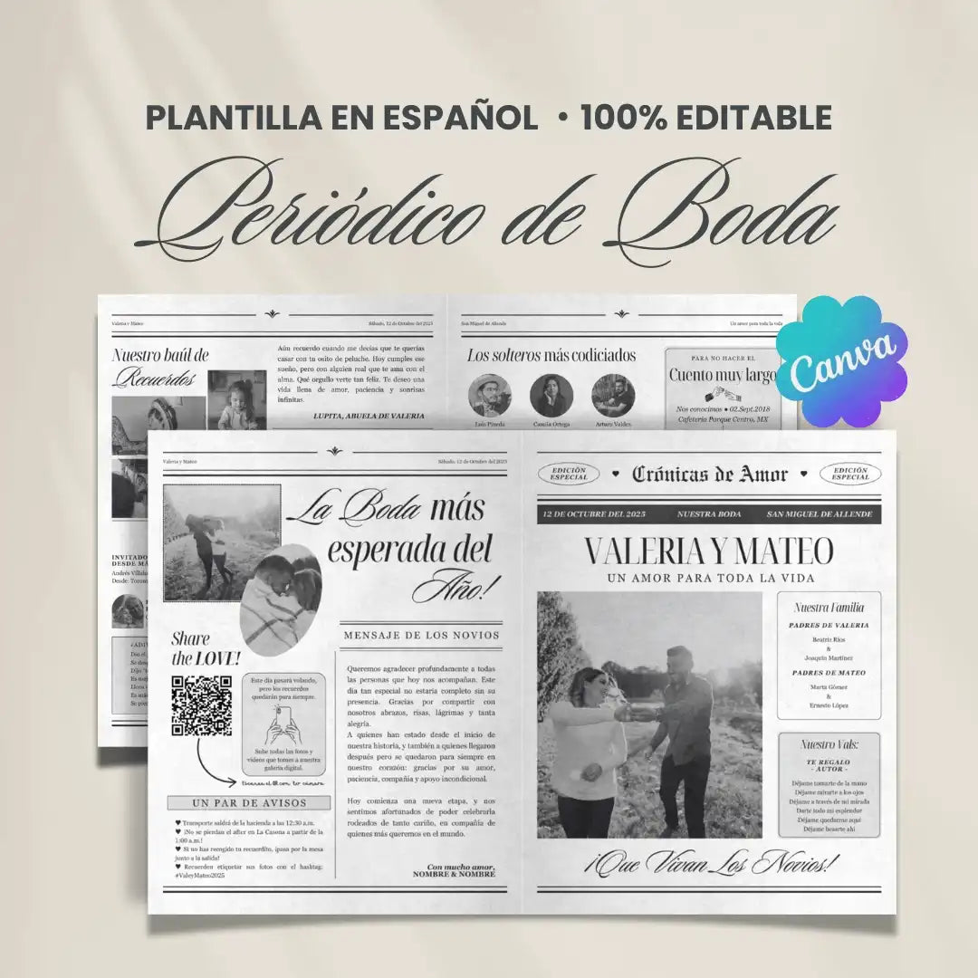 Periódico de boda 2025 -Plantilla editable en Canva