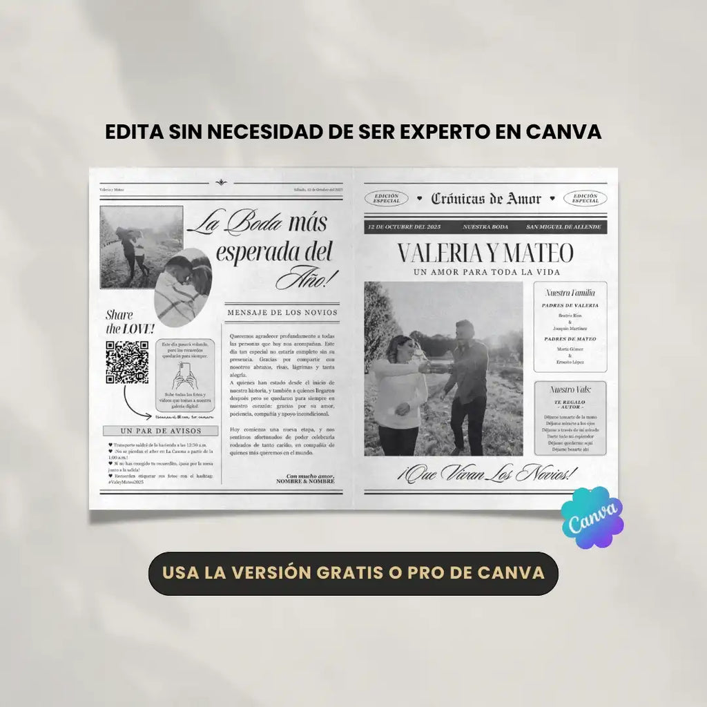 Periódico de boda 2025 -Plantilla editable en Canva