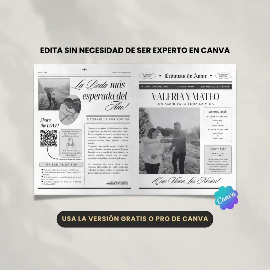 Periódico de boda 2025 -Plantilla editable en Canva