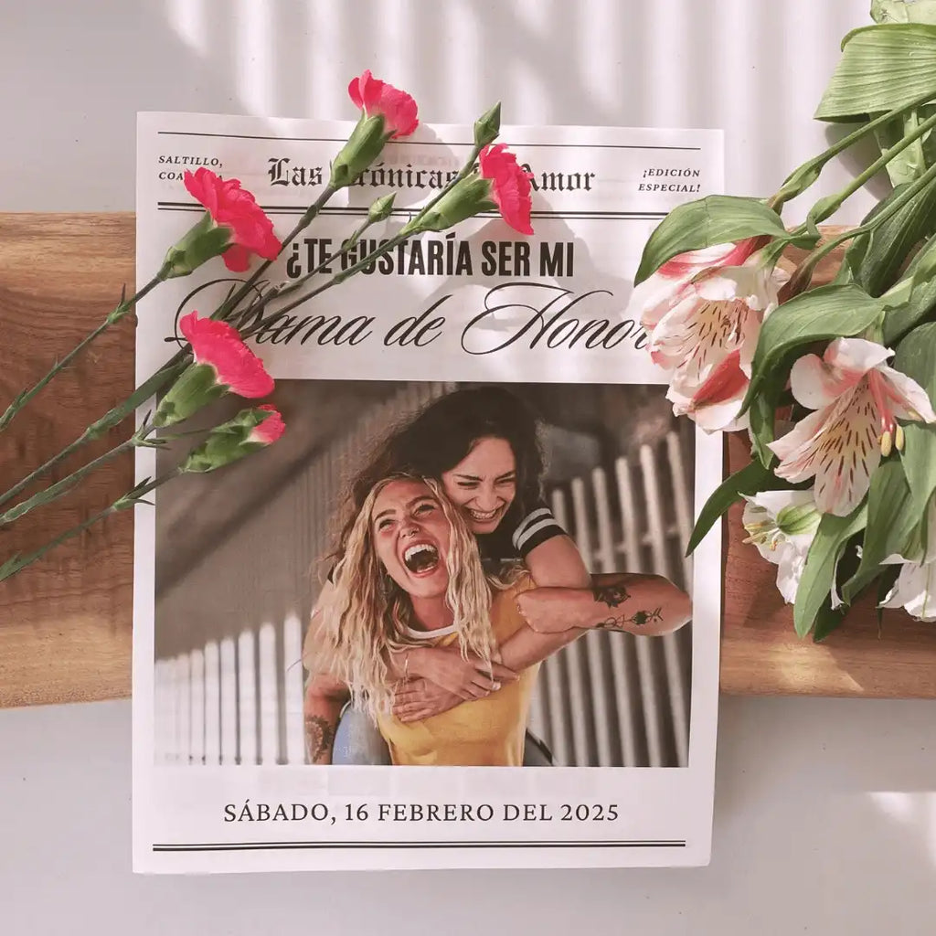 Propuesta Dama de Honor - Periódico para envoltura de ramo de flores - Plantilla Canva