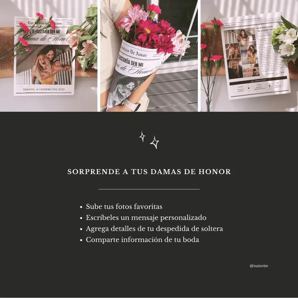 Propuesta Dama de Honor - Periódico para envoltura de ramo de flores - Plantilla Canva
