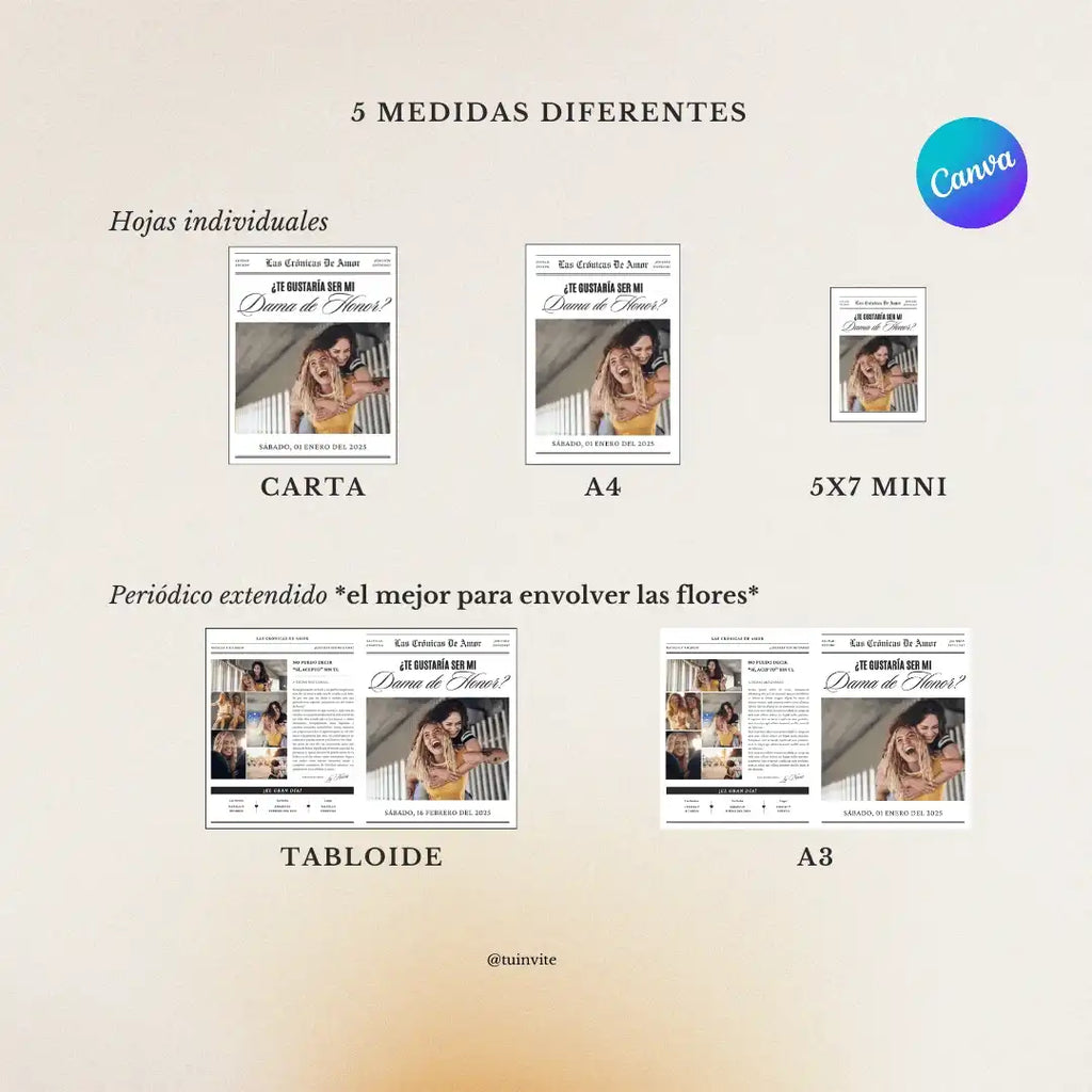Propuesta Dama de Honor - Periódico para envoltura de ramo de flores - Plantilla Canva