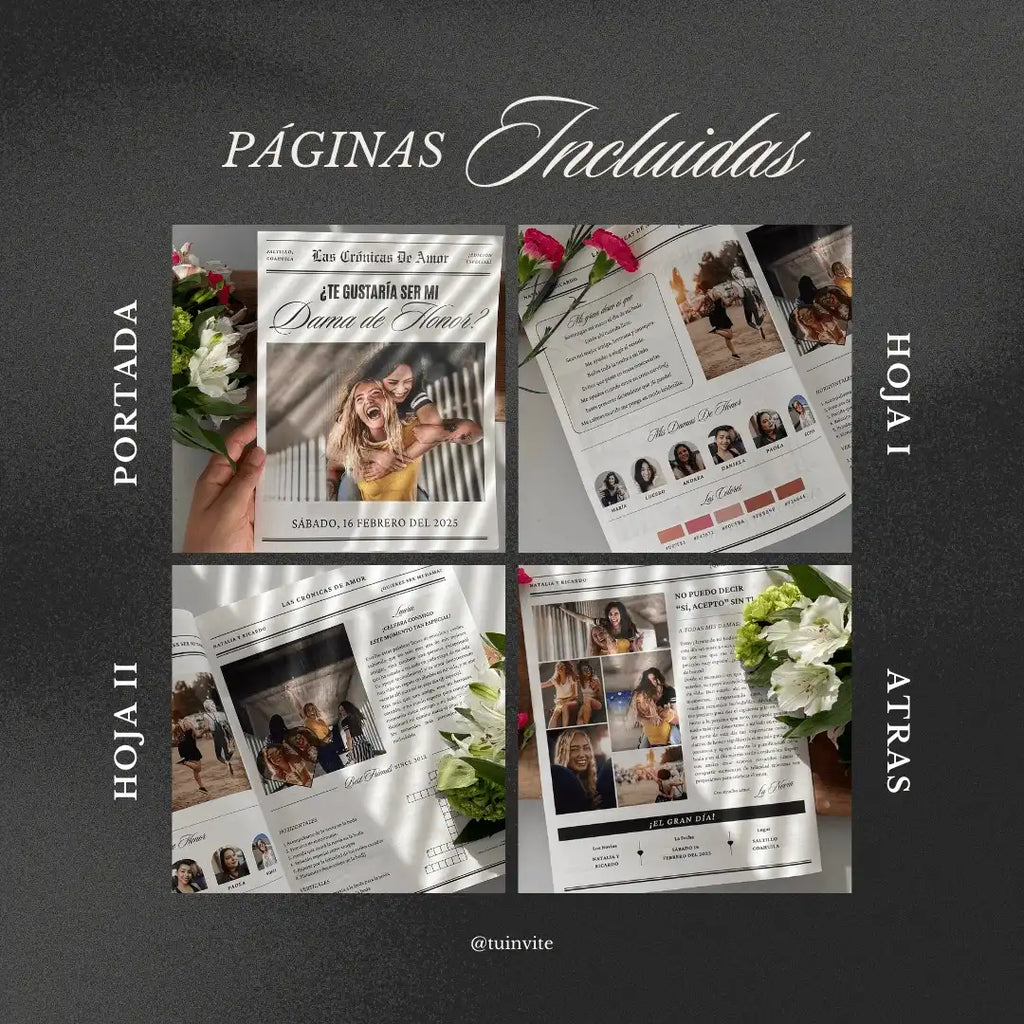 Propuesta Dama de Honor - Periódico para envoltura de ramo de flores - Plantilla Canva
