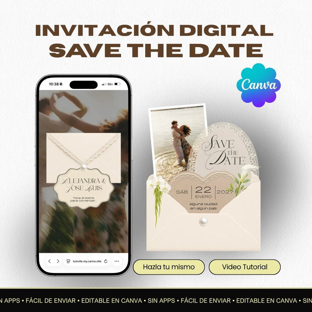 Invitación web para Save The Date - Plantilla editable en Canva - Encaje - Tu Invite