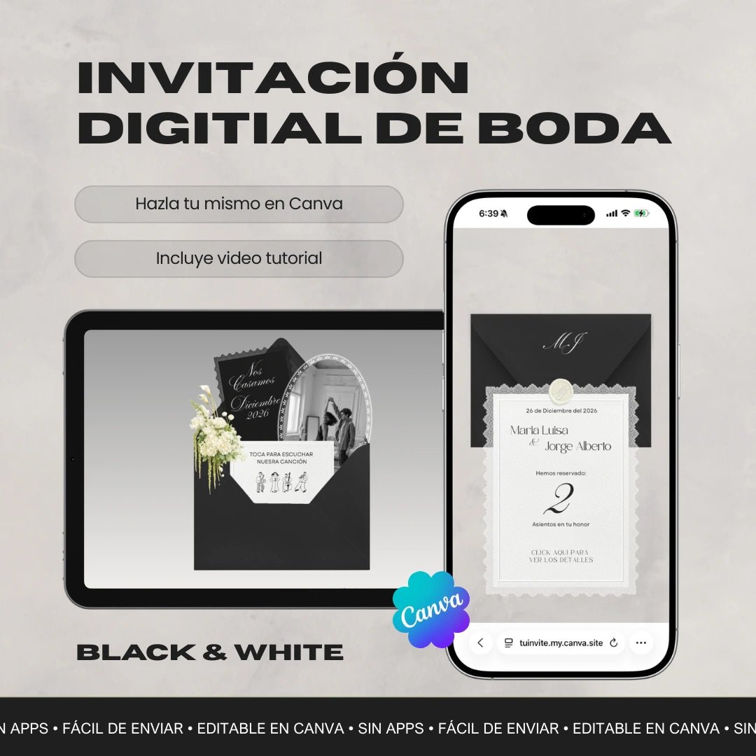 Invitación web boda - Plantilla editable en Canva - Monocromática - Tu Invite