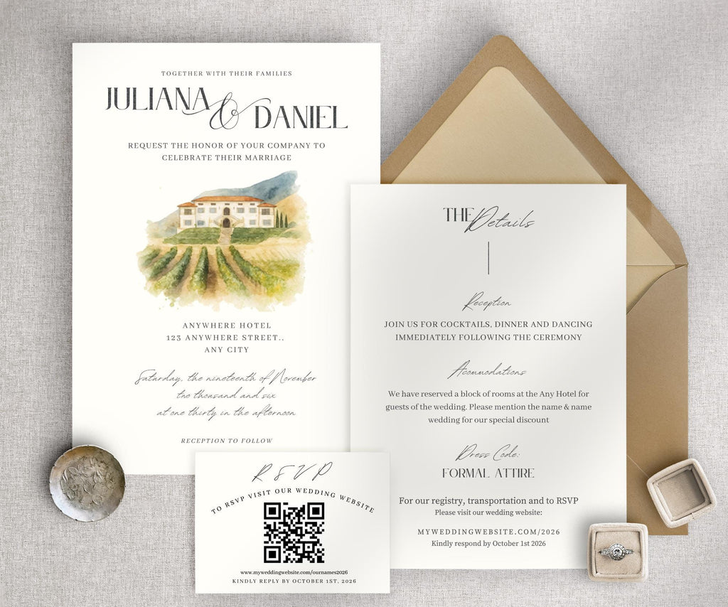 Custom Watercolor Venue Wedding Invitation Template (Canva)