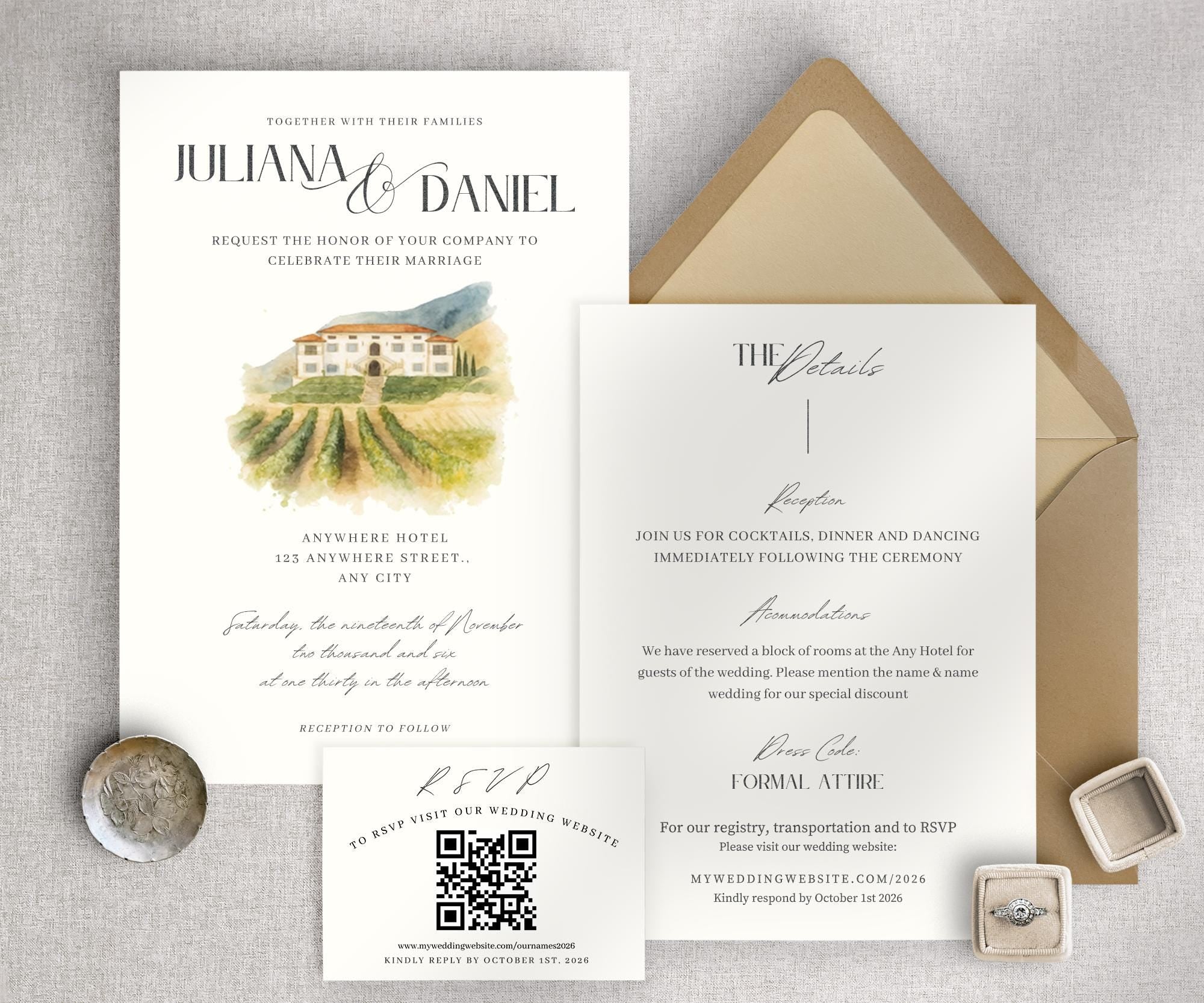 Custom Watercolor Venue Wedding Invitation Template (Canva)