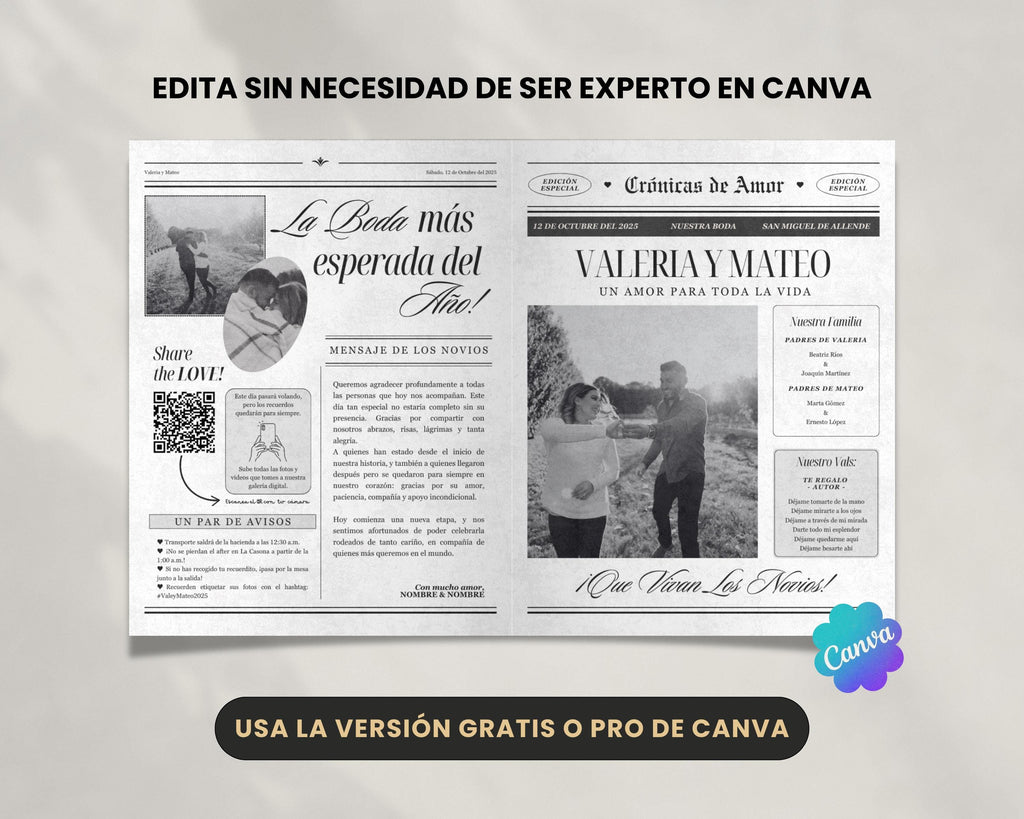Periódico de boda 2025 -Plantilla editable en Canva