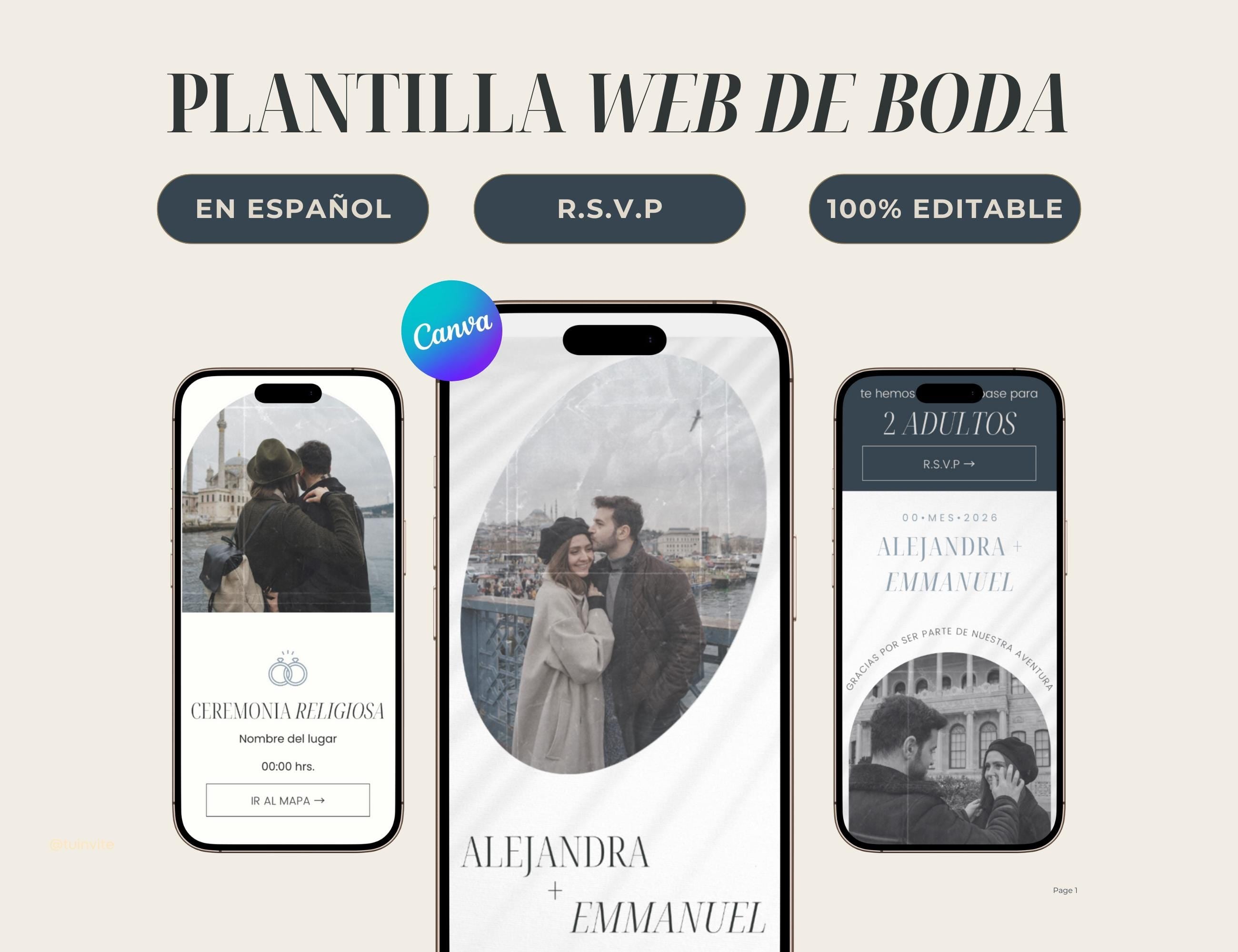 Invitación Web Boda (Plantilla editable Canva) - Vintage