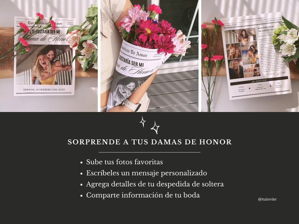 Propuesta Dama de Honor - Periódico para envoltura de ramo de flores - Plantilla Canva