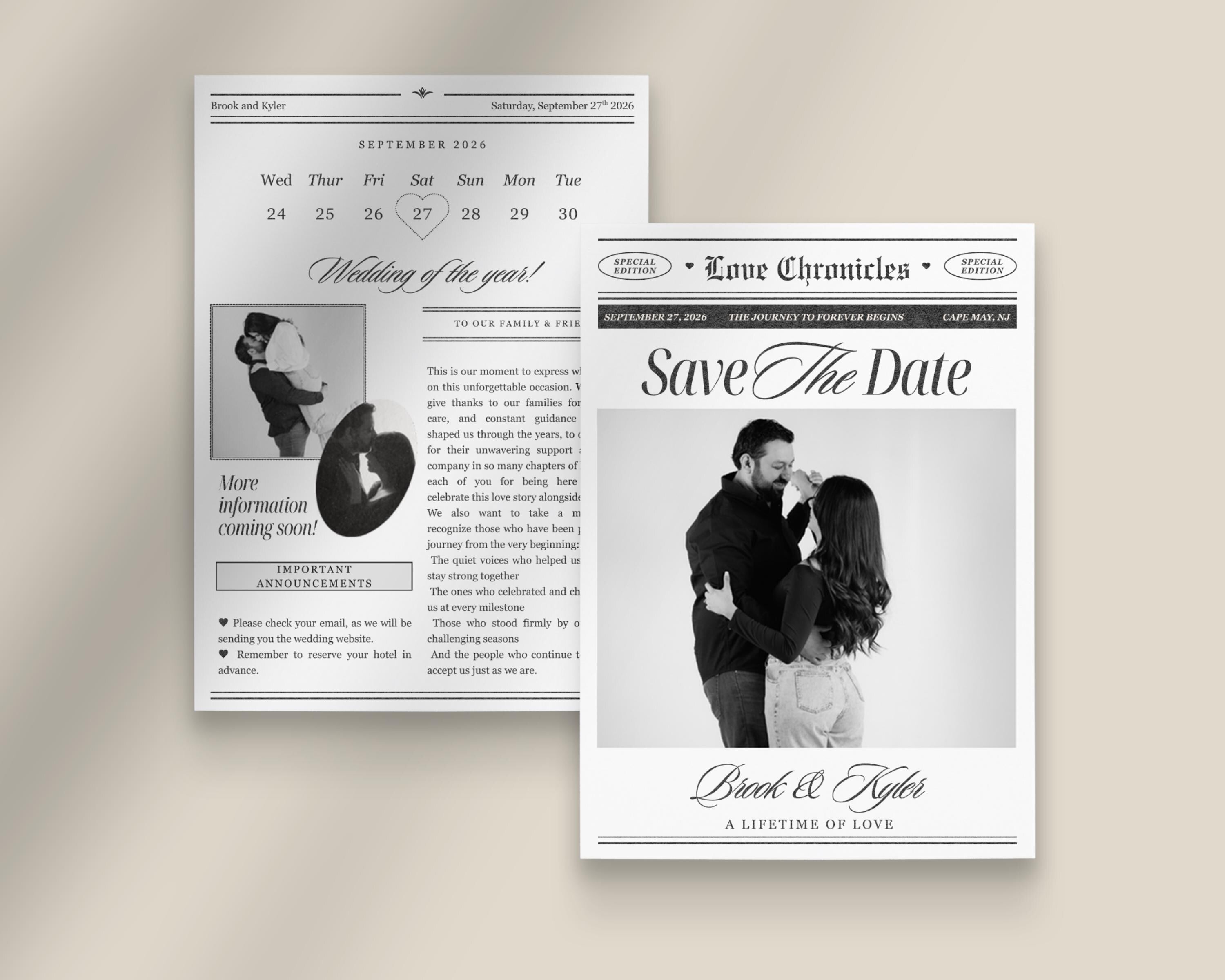 Newspaper Save the Date Canva Template - Easy to edit in Canva
