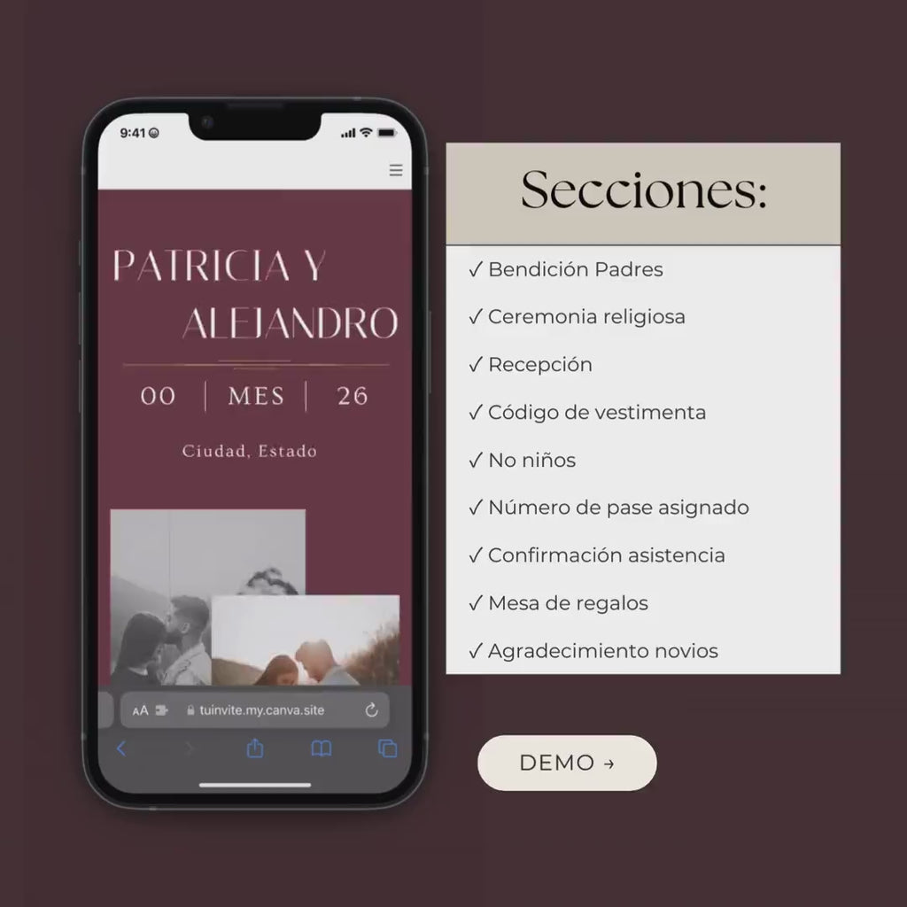 Invitación web boda - Plantilla editable en Canva - Burgundy